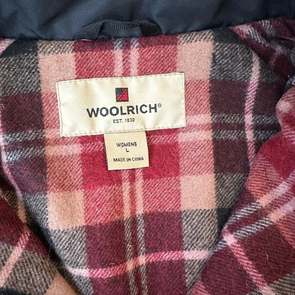WOOLRICH‎ Women Plaid Lined Wool Navy  L Hooded Ruby Field Chore Jacket Coat EUC